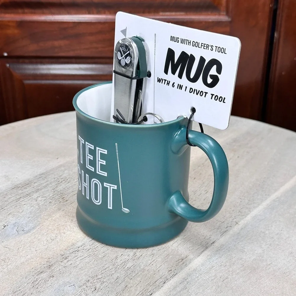 Tee Shot Golf Mug With 6-in-1 Divot Tool Festive Voice Green 12 oz New